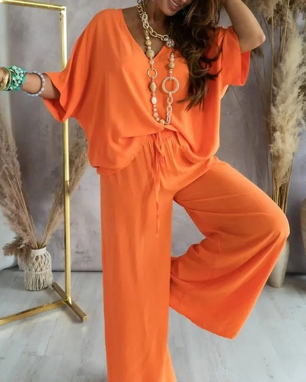 Sarah Express Women's Bat Sleeve Top and Pants Two Piece Casual Lounge Set Matching Coordinates