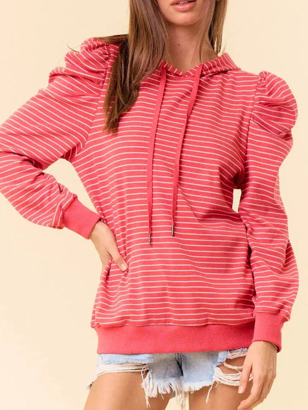 Sarah Express Women's Striped Puff Sleeve Hoodie with Drawstring Burnt Coral