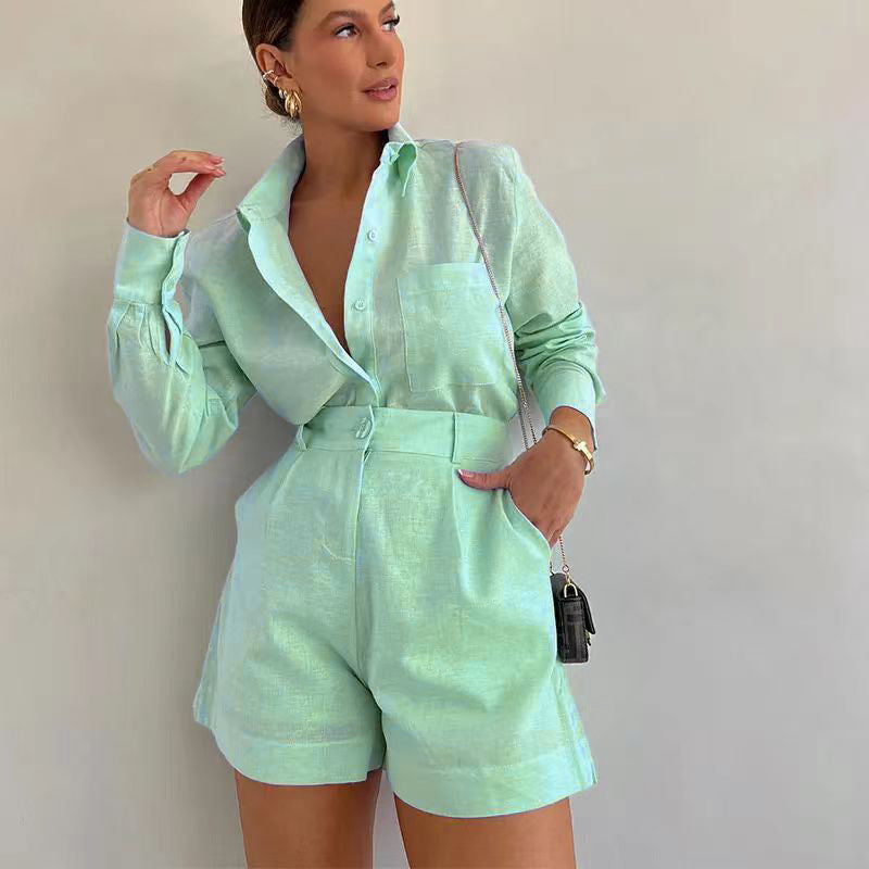 Sarah Express Women's Long Sleeve Blazer and Shorts Two-Piece Suit Set Professional Casual
