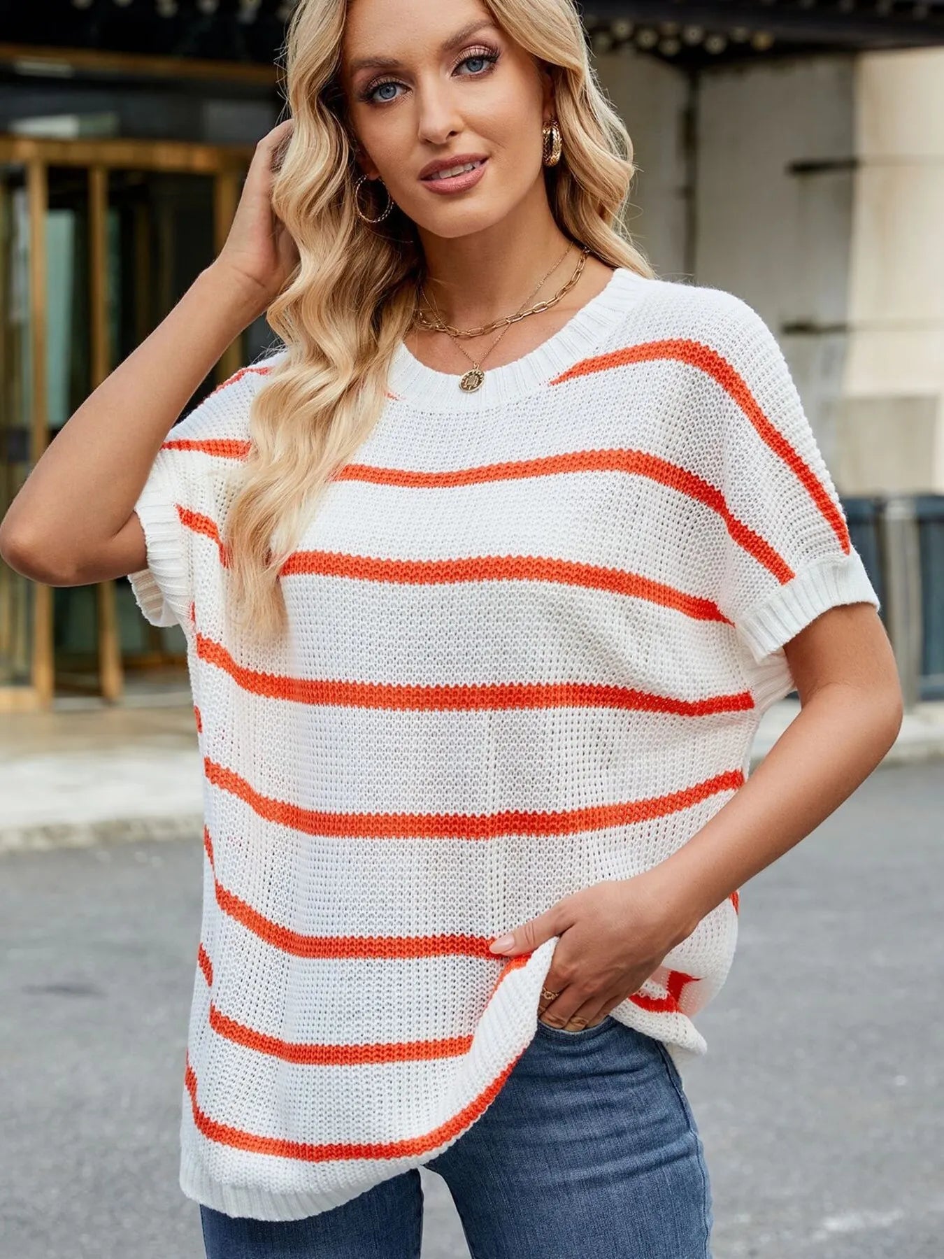 Sarah Express Women's Striped Oversized Casual Sweater - Relaxed Fit Pullover Orange