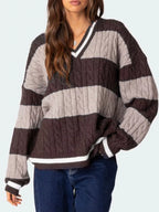 Sarah Express Women's Striped Cable Knit V-Neck Sweater - Oversized Fit Brown