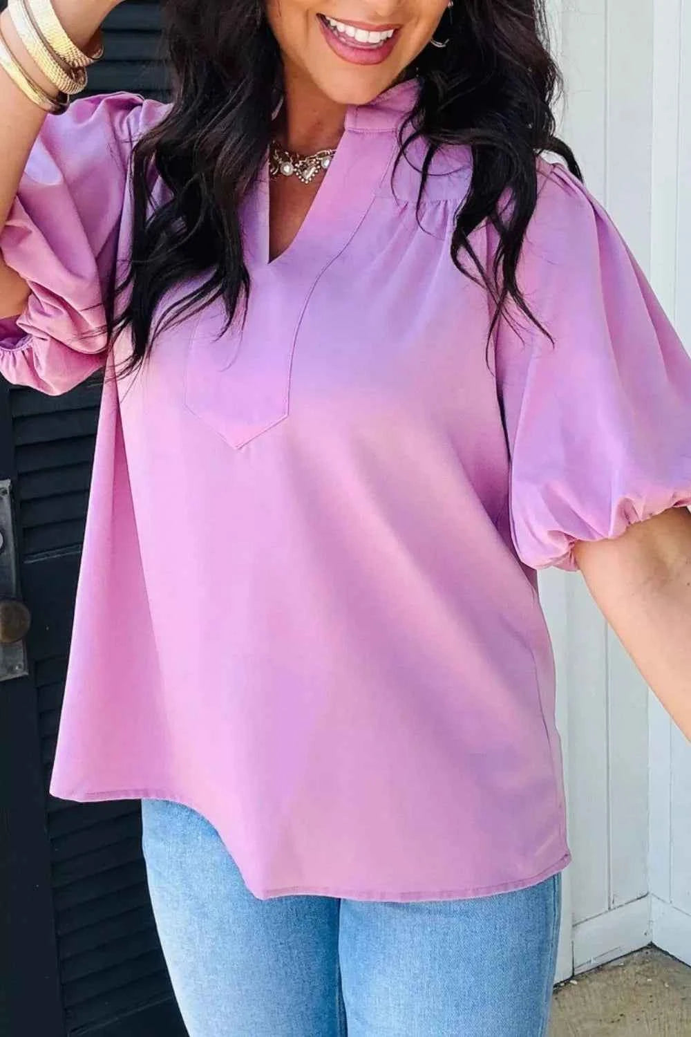 Sarah Express Women's V-Neck Puff Sleeve Blouse - Summer Fashion Top