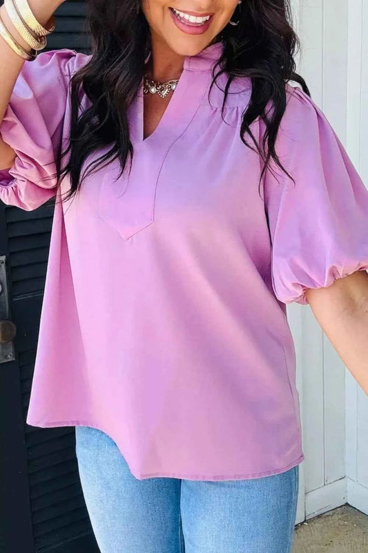 Sarah Express Women's V-Neck Puff Sleeve Blouse - Summer Fashion Top
