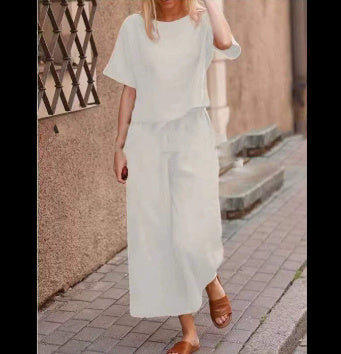 Sarah Express Cotton Linen Two-Piece Set Casual Loose Top Pants Outfit