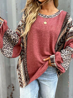 Sarah Express Women's Leopard Color Block Ribbed Top