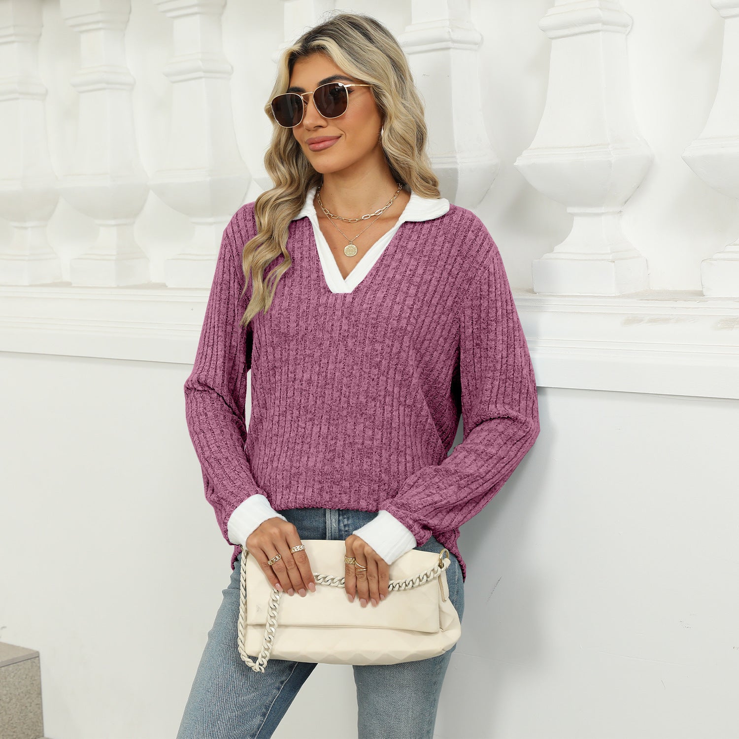 Sarah Express Women's Lapel Long Sleeve Loose Fit Top Rayon Pullover