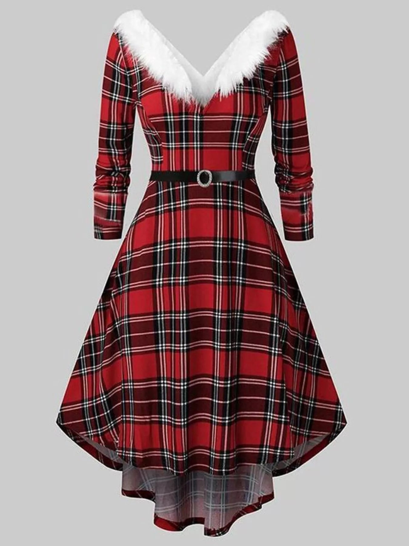 Sarah Express Women's Fuzzy Trim Long Sleeve Christmas Dress Red Plaid