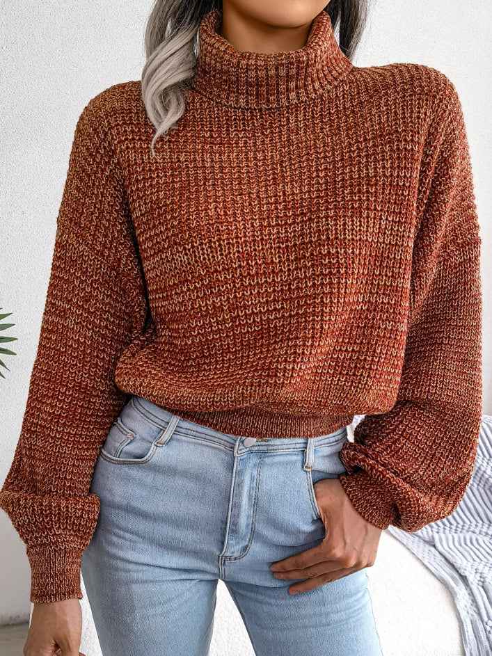 Sarah Express Women's Mixed Color Turtleneck Sweater - Lantern Sleeve Knit Pullover