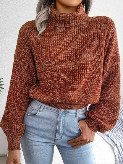 Sarah Express Women's Mixed Color Turtleneck Sweater - Lantern Sleeve Knit Pullover