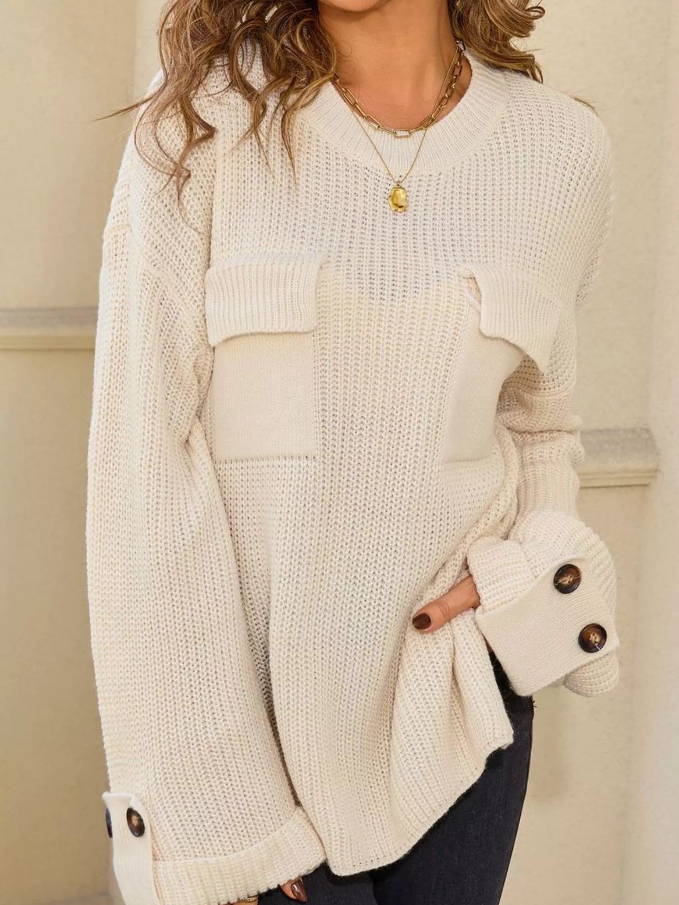 Sarah Express Women's Pocket Detail Round Neck Sweater - Button Front Cardigan