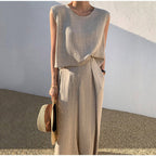 Sarah Express Women's Cotton Linen Two-Piece Set Sleeveless Top Wide Leg Pants Casual
