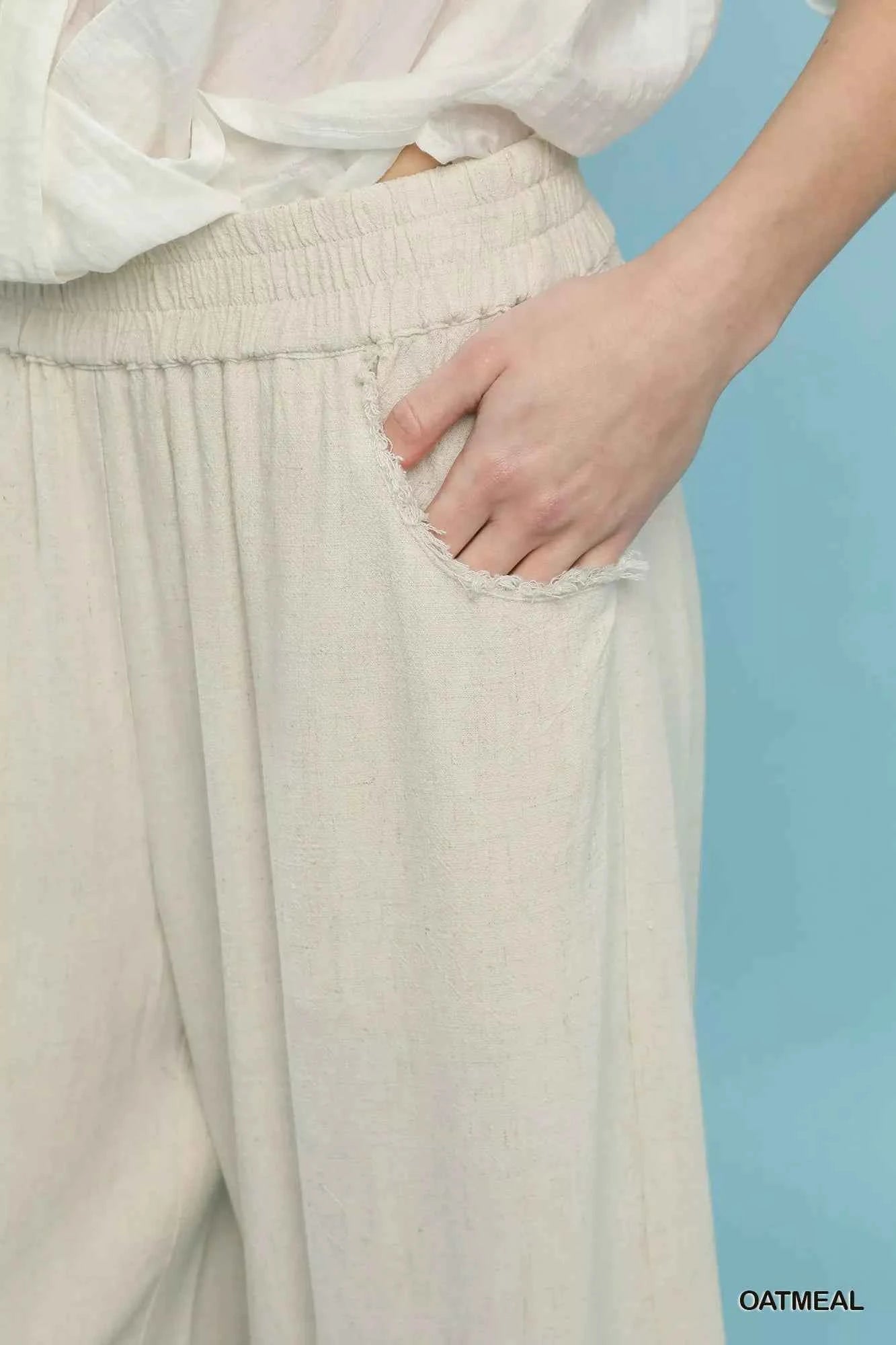 Sarah Express Women's Wide Leg Linen Pants with Lace Trim and Fringe Hem - Boho Drawstring Pants