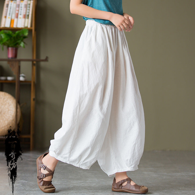 Sarah Express Women's Sand Washed Cotton Linen Bloomers Mid Waist Cropped Loose Pants