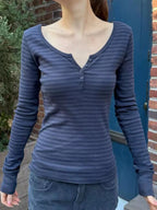 Sarah Express Women's Striped Long Sleeve Henley T-Shirt