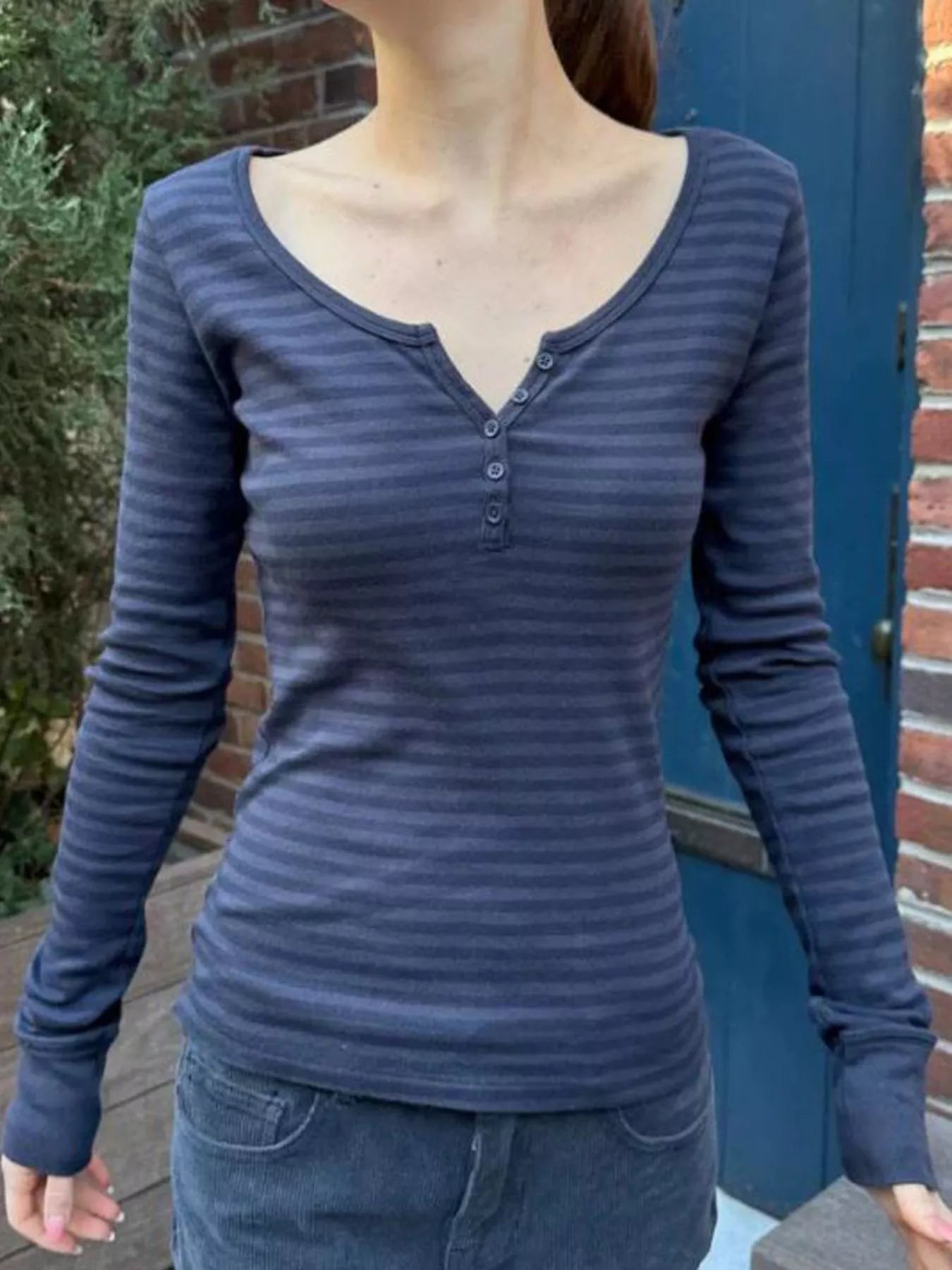 Sarah Express Women's Striped Long Sleeve Henley T-Shirt