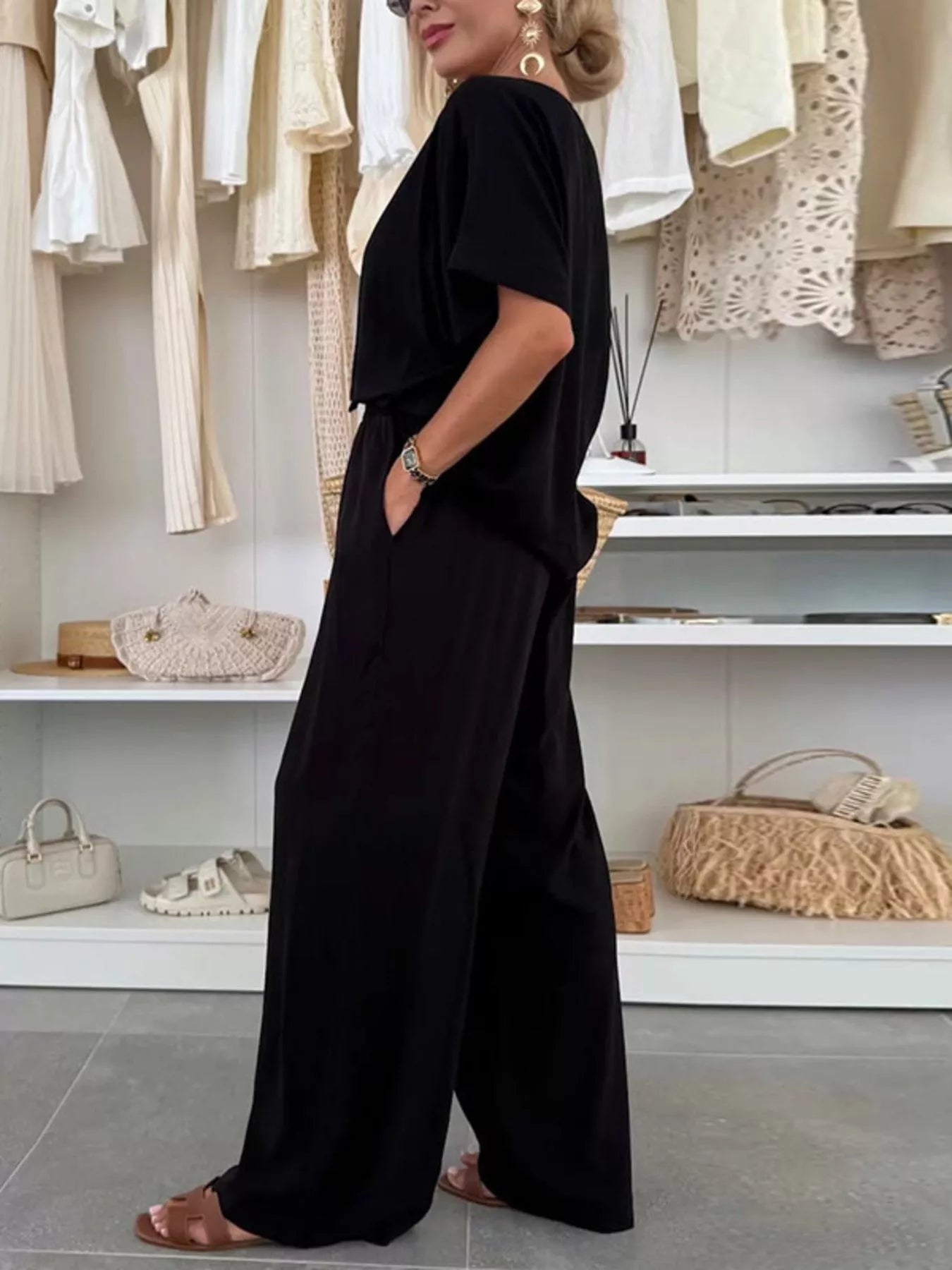 Sarah Express Women's Casual Loose Round Neck Top and Pants Two Piece Set Plus Size