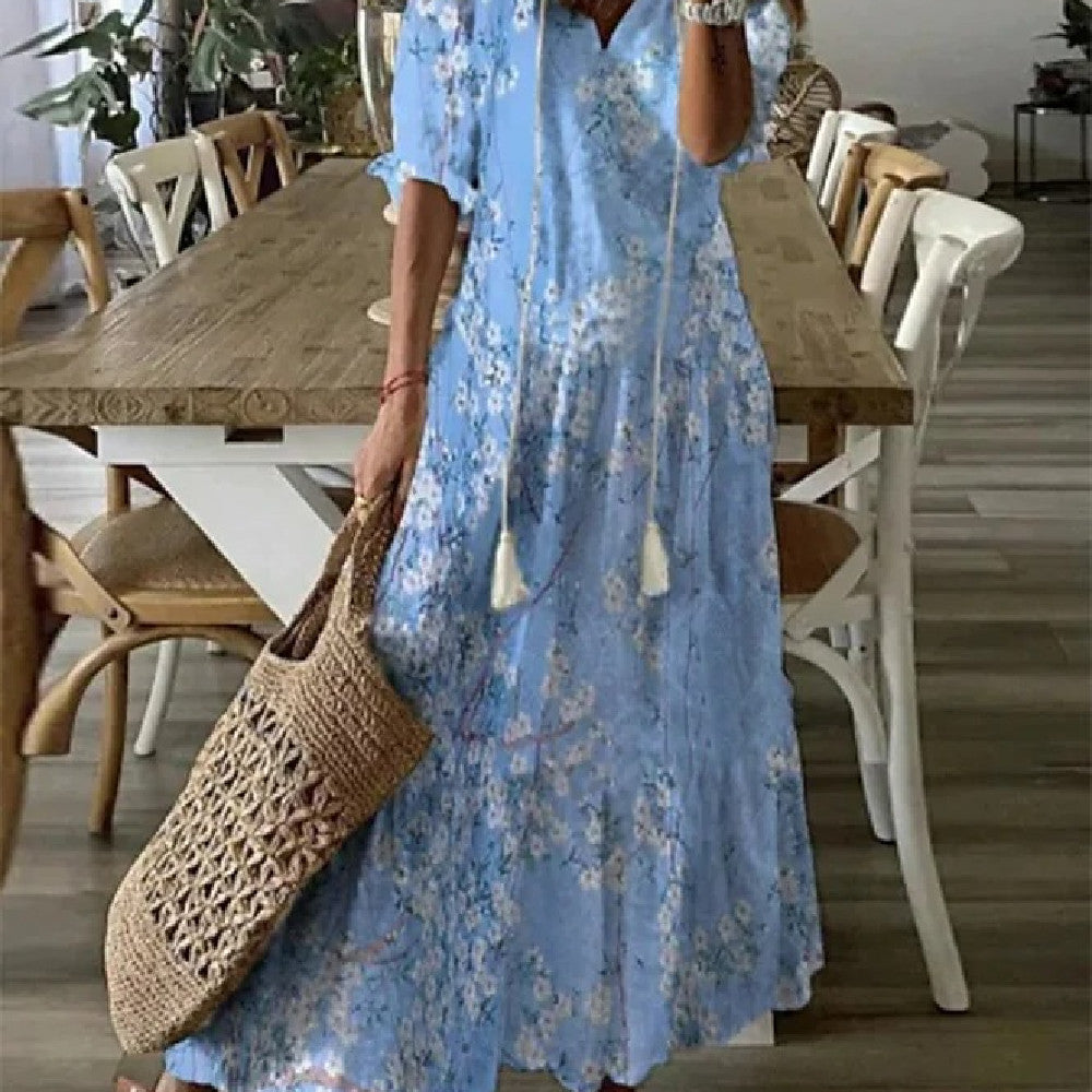 Sarah Express Women's Floral Print V-Neck Maxi Dress Short Sleeve A-Line Pullover