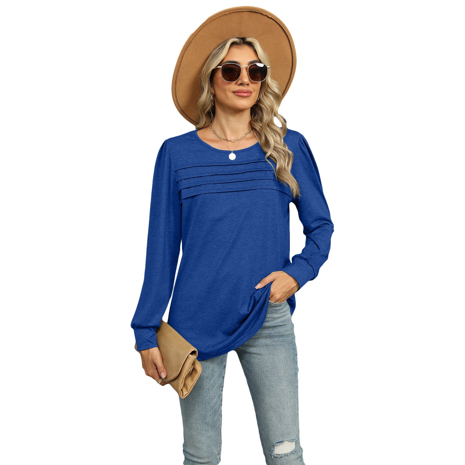 Sarah Express Solid Color U-Neck Pleated Long Sleeve Top for Women