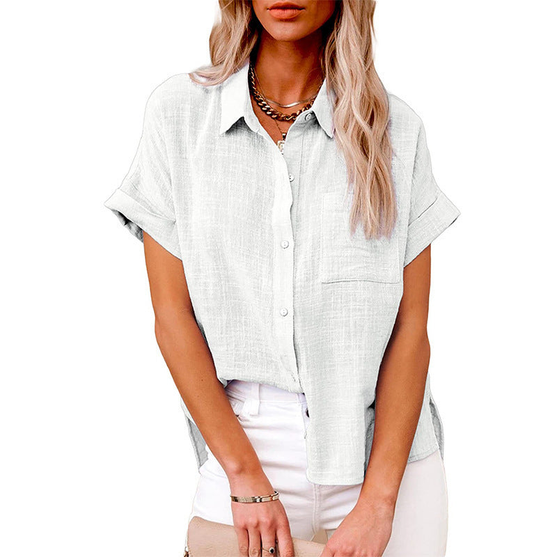 Sarah Express Women's Cotton Linen Short Sleeve Shirt Casual Button Up with Pockets