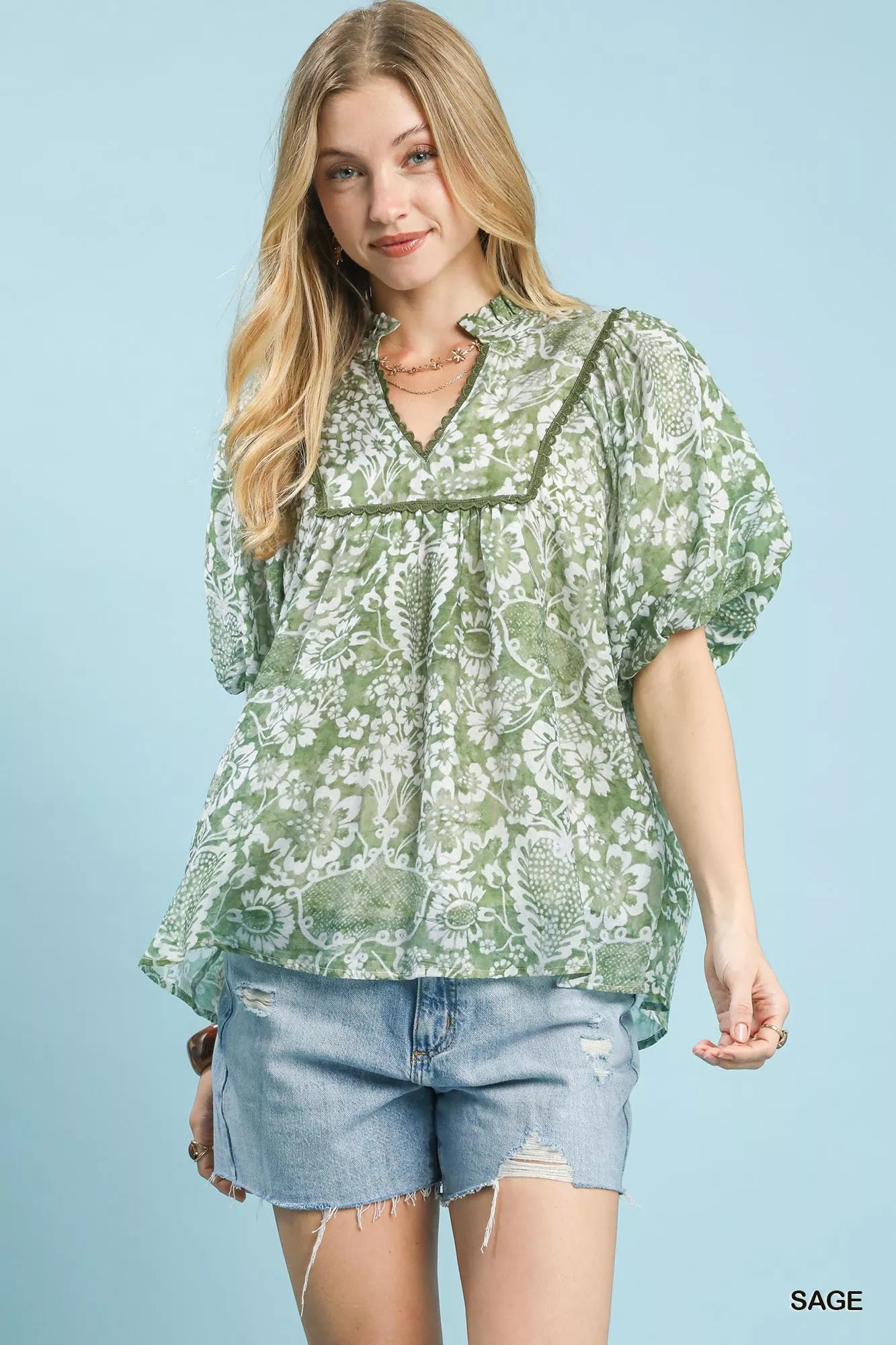 Sarah Express Women's Abstract Print Ruffled Puff Sleeve Top - Trendy Casual Blouse SAGE