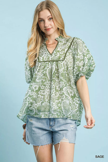 Sarah Express Women's Abstract Print Ruffled Puff Sleeve Top - Trendy Casual Blouse SAGE