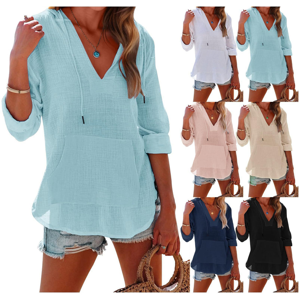 Sarah Express Women's V-Neck Hooded Shirt Long Sleeve Pockets Loose Fit