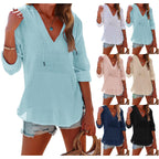 Sarah Express Women's V-Neck Hooded Shirt Long Sleeve Pockets Loose Fit