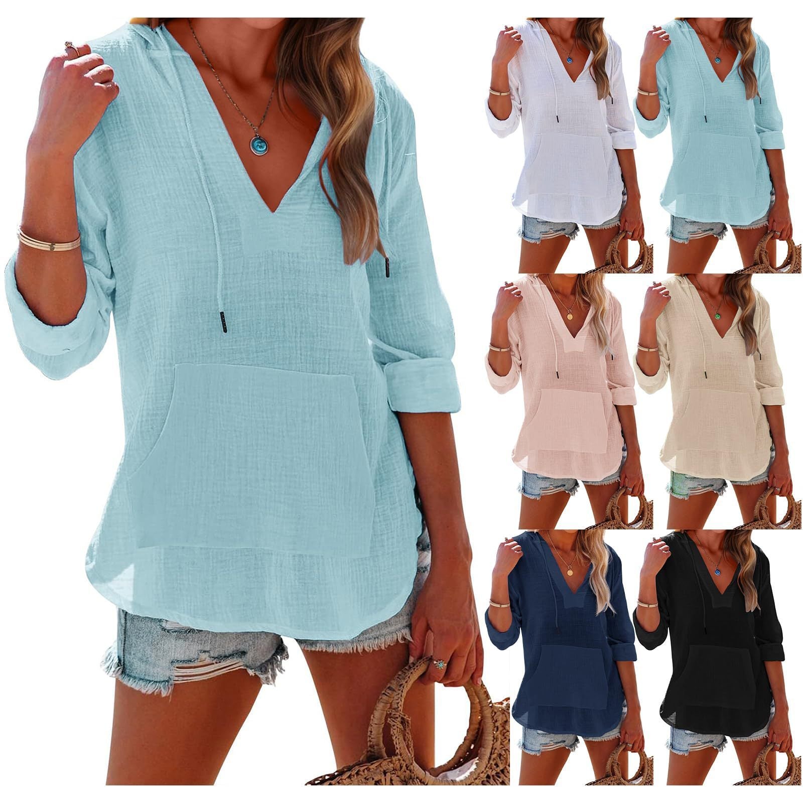 Sarah Express Women's V-Neck Hooded Shirt Long Sleeve Pockets Loose Fit