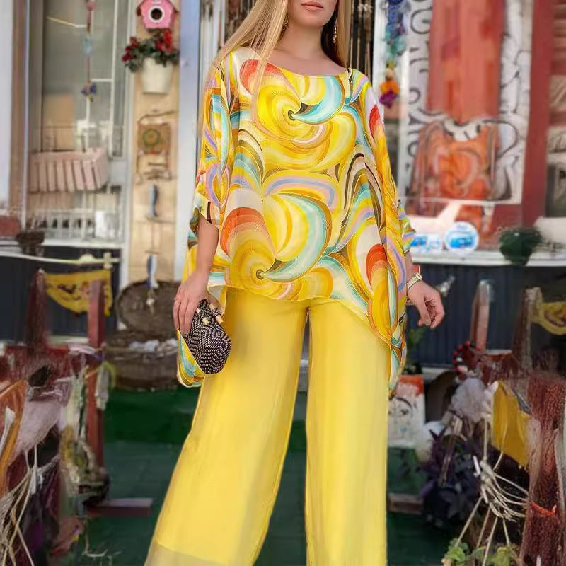 Sarah Express Printed Chiffon Two-Piece Set Round Neck 3/4 Sleeve Top Pants Suit
