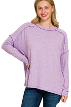 Sarah Express Women’s Plus Size Melange Hacci Tee with Exposed Seam Hi-Low Hem
