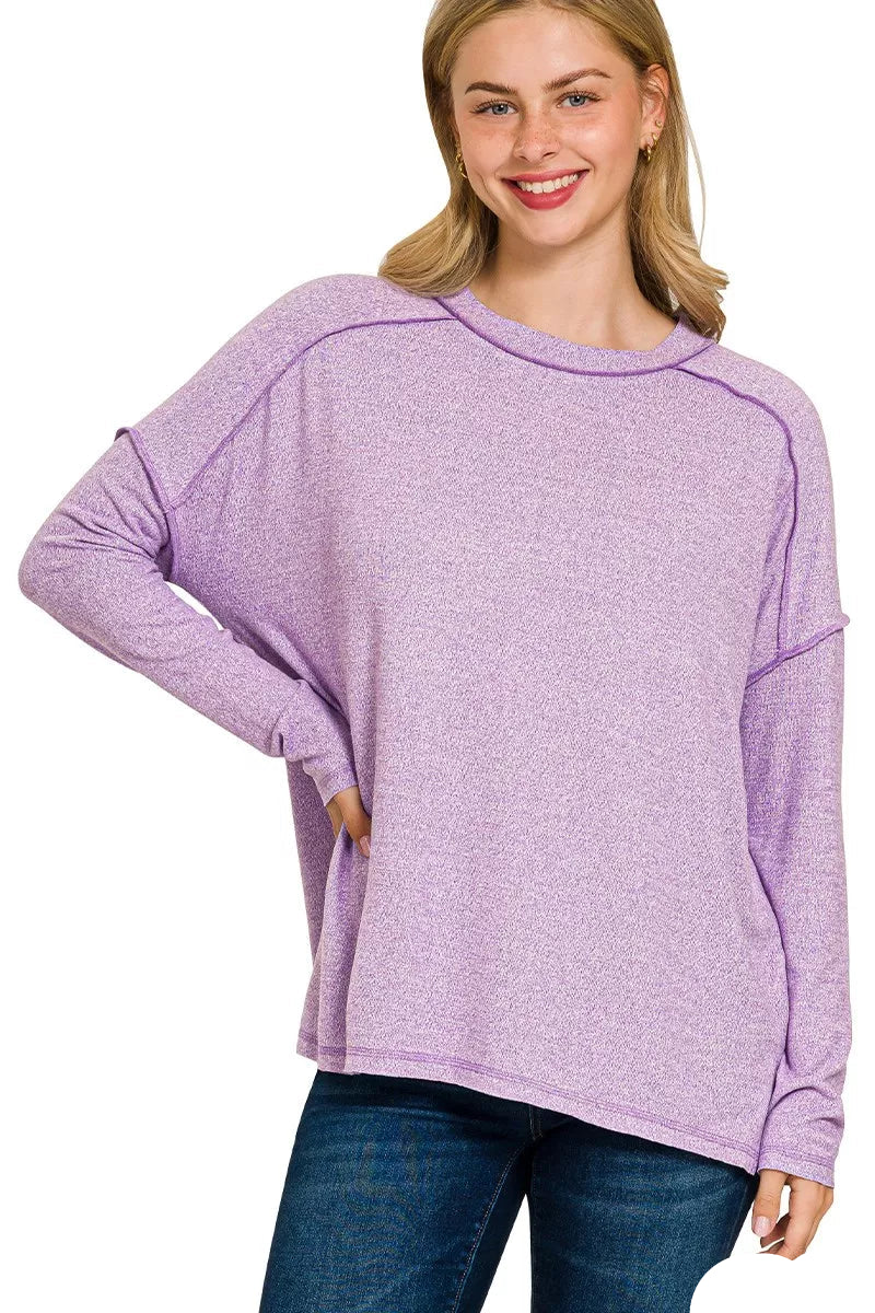 Sarah Express Women’s Plus Size Melange Hacci Tee with Exposed Seam Hi-Low Hem
