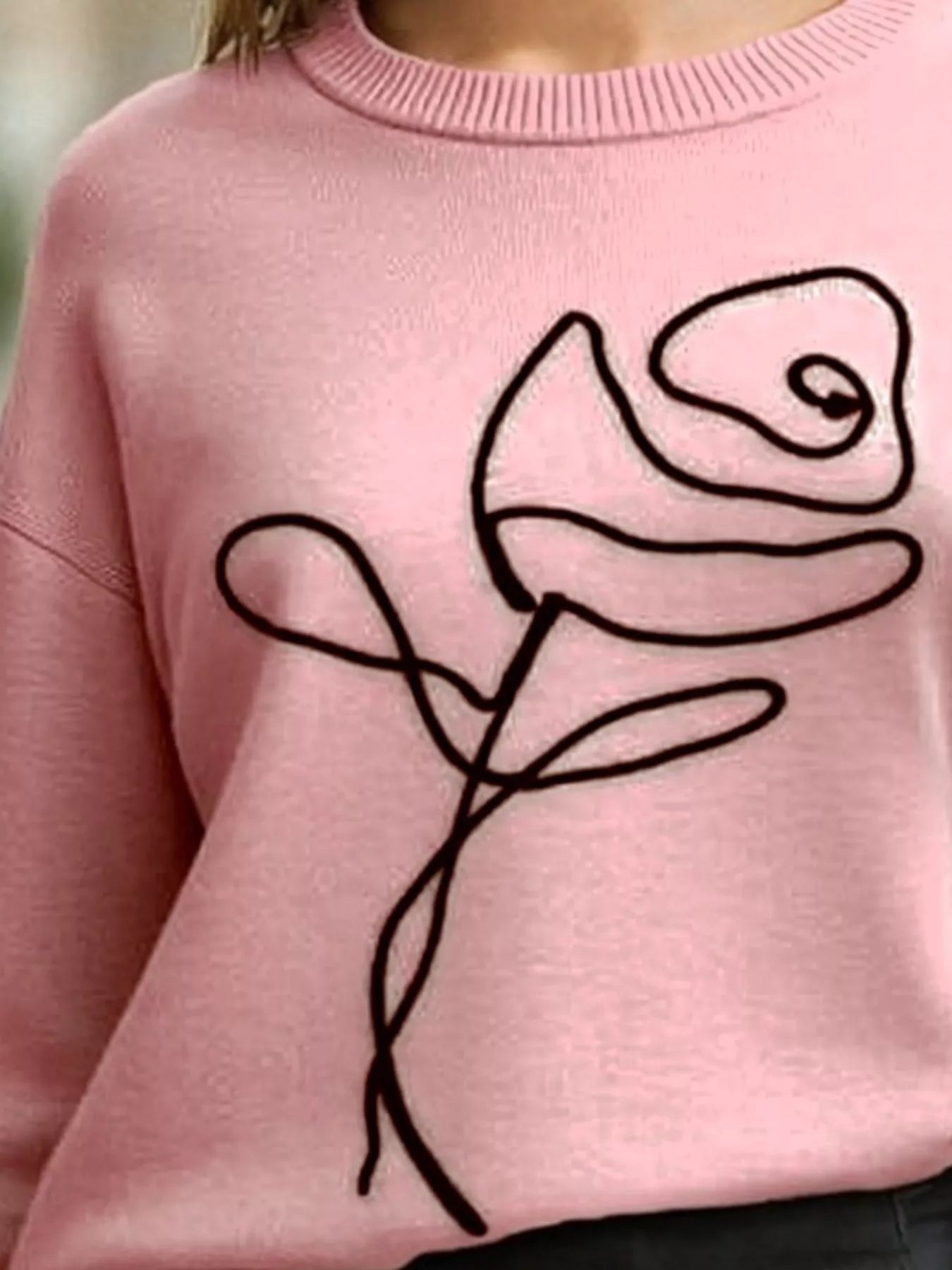 Sarah Express Women's Flower Round Neck Dropped Shoulder Sweater