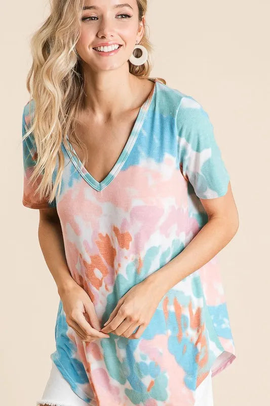 Sarah Express Women's Circular Tie Dye Print V Neck Top