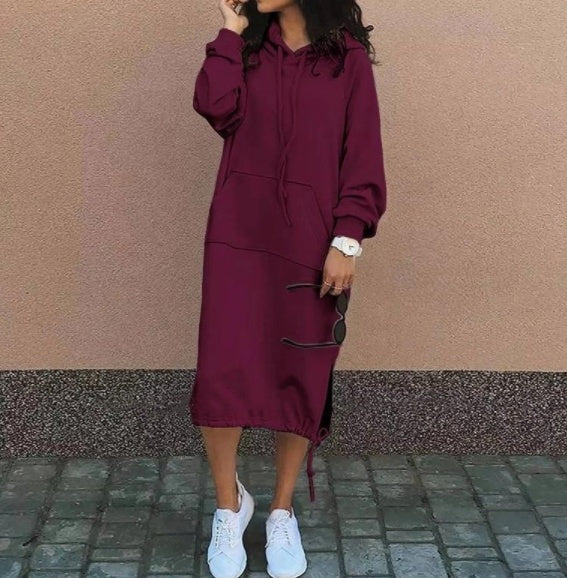 Sarah Express Women's Hooded Sweatshirt Dress Long Sleeve Midi Casual Pockets