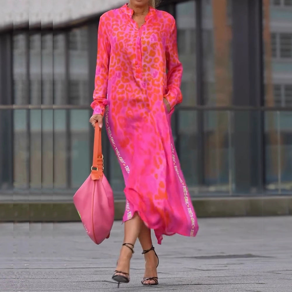 Women's Leopard Print V-Neck Long Sleeve Dress with Pockets