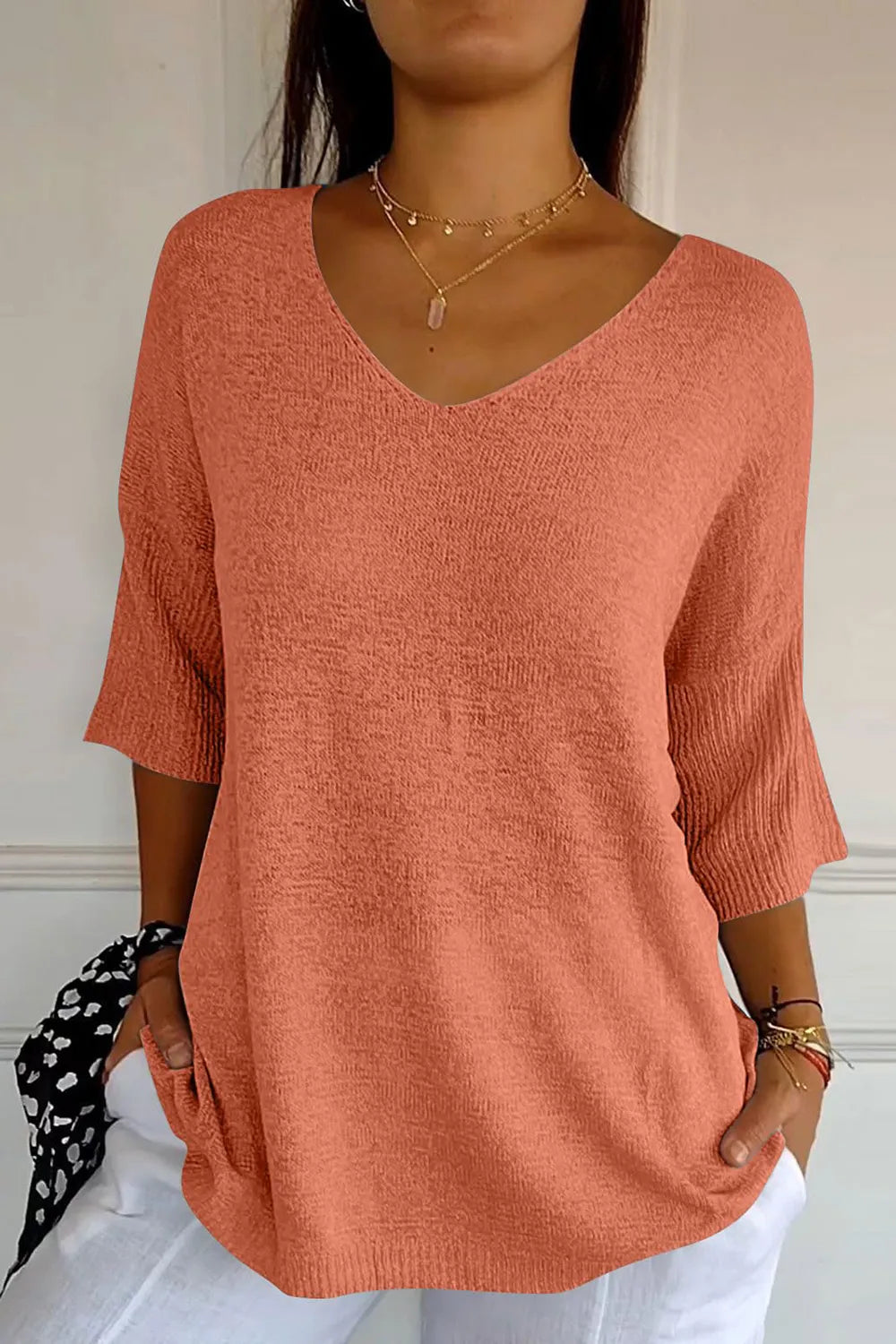 Sarah Express Women's V-Neck Three-Quarter Sleeve Knit Top Orange One Size
