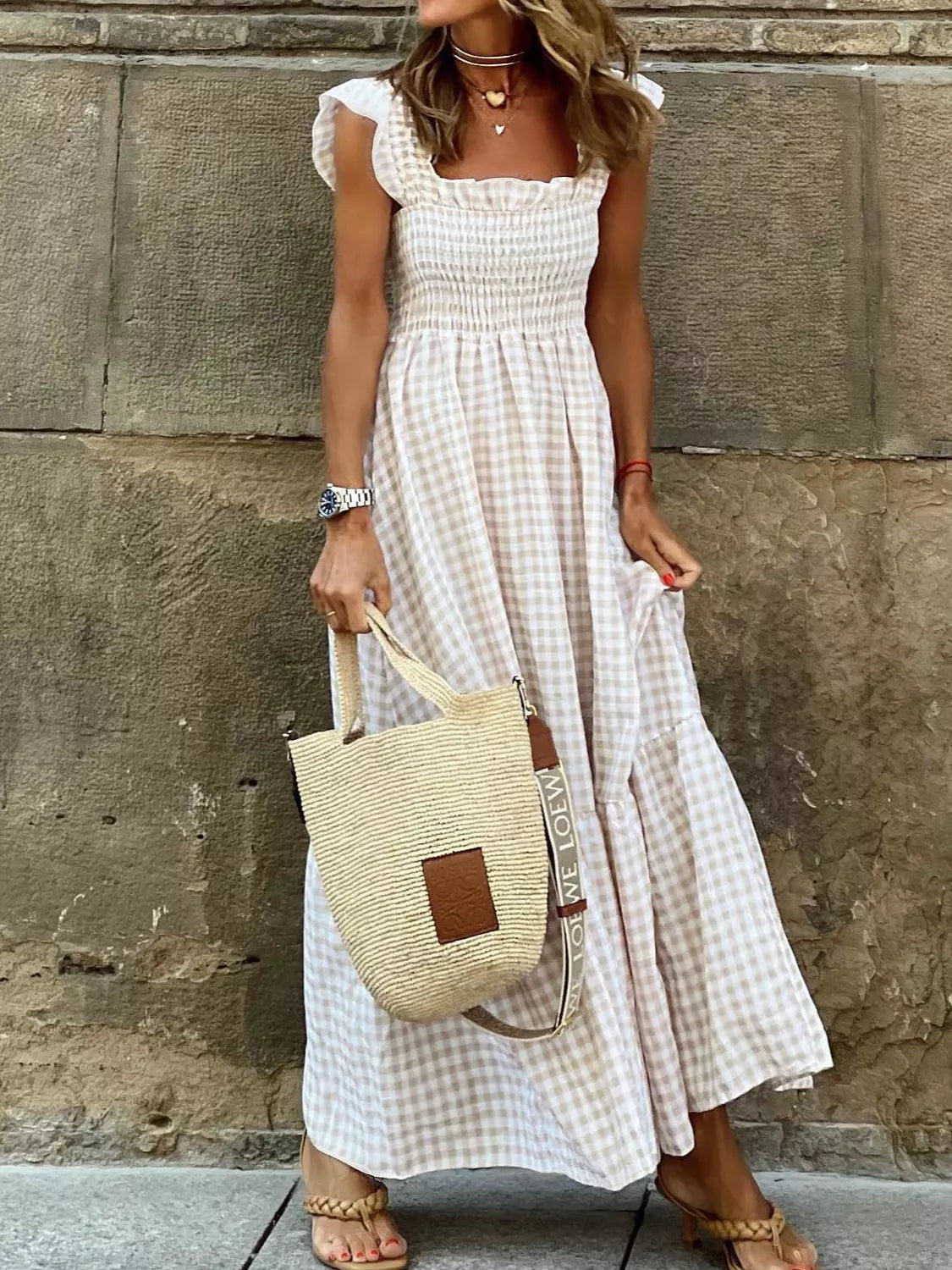 Sarah Express Women's Gingham Smocked Ruffle Maxi Dress Plus Size White