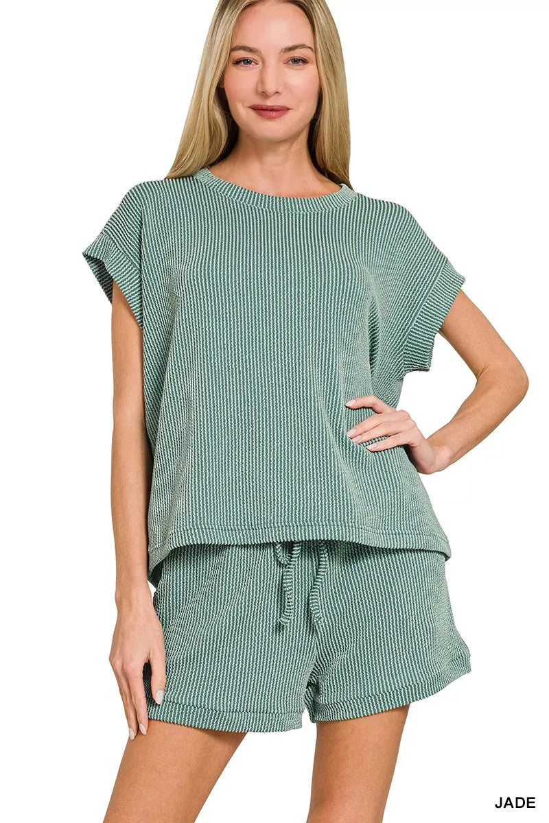Sarah Express Women's Raised Rib Cap Sleeve Top & Shorts Set JADE