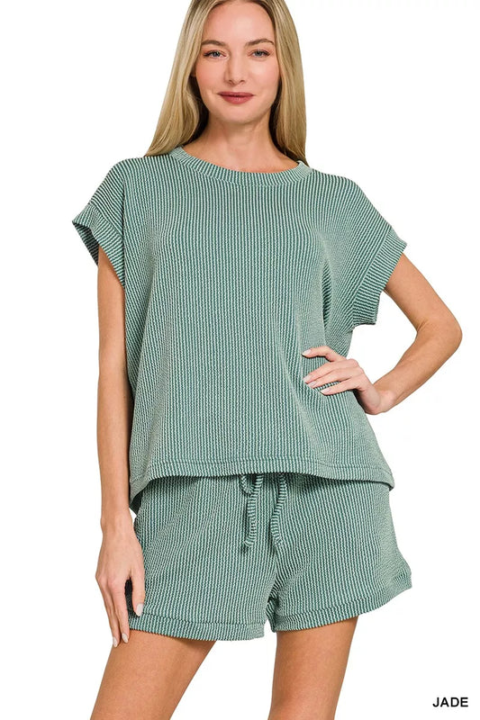 Sarah Express Women's Raised Rib Cap Sleeve Top & Shorts Set JADE