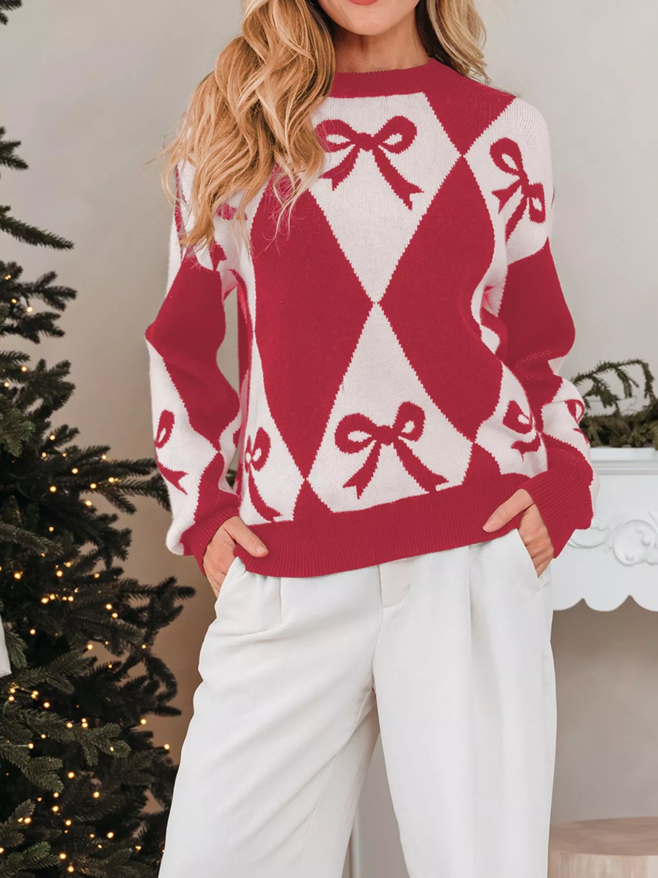 Sarah Express Women's Bow Print 2-Tone Rhombus Knit Loose Sweater Rust