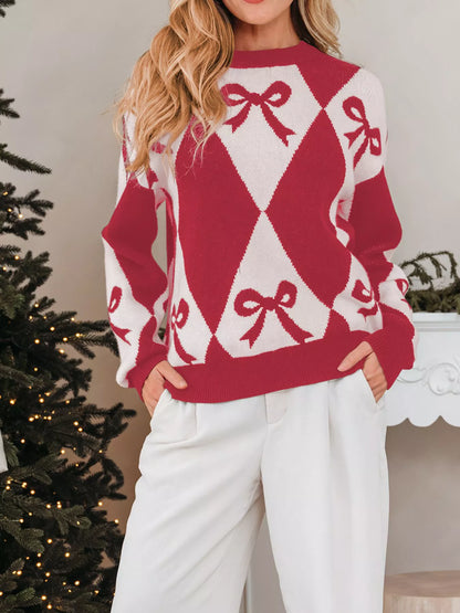 Sarah Express Women's Bow Print 2-Tone Rhombus Knit Loose Sweater Rust
