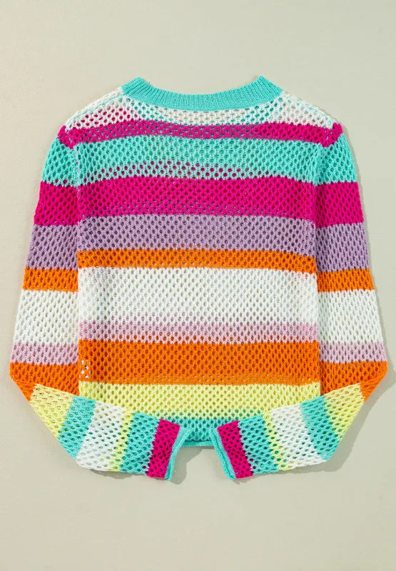 Sarah Express Women's Openwork Contrast Striped Round Neck Knit Top