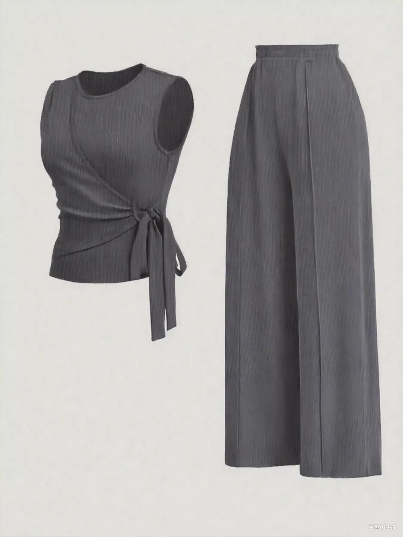 Sarah Express Women's Side Tie Round Neck Tank and Pants Set - Two Piece Outfit Dark Gray