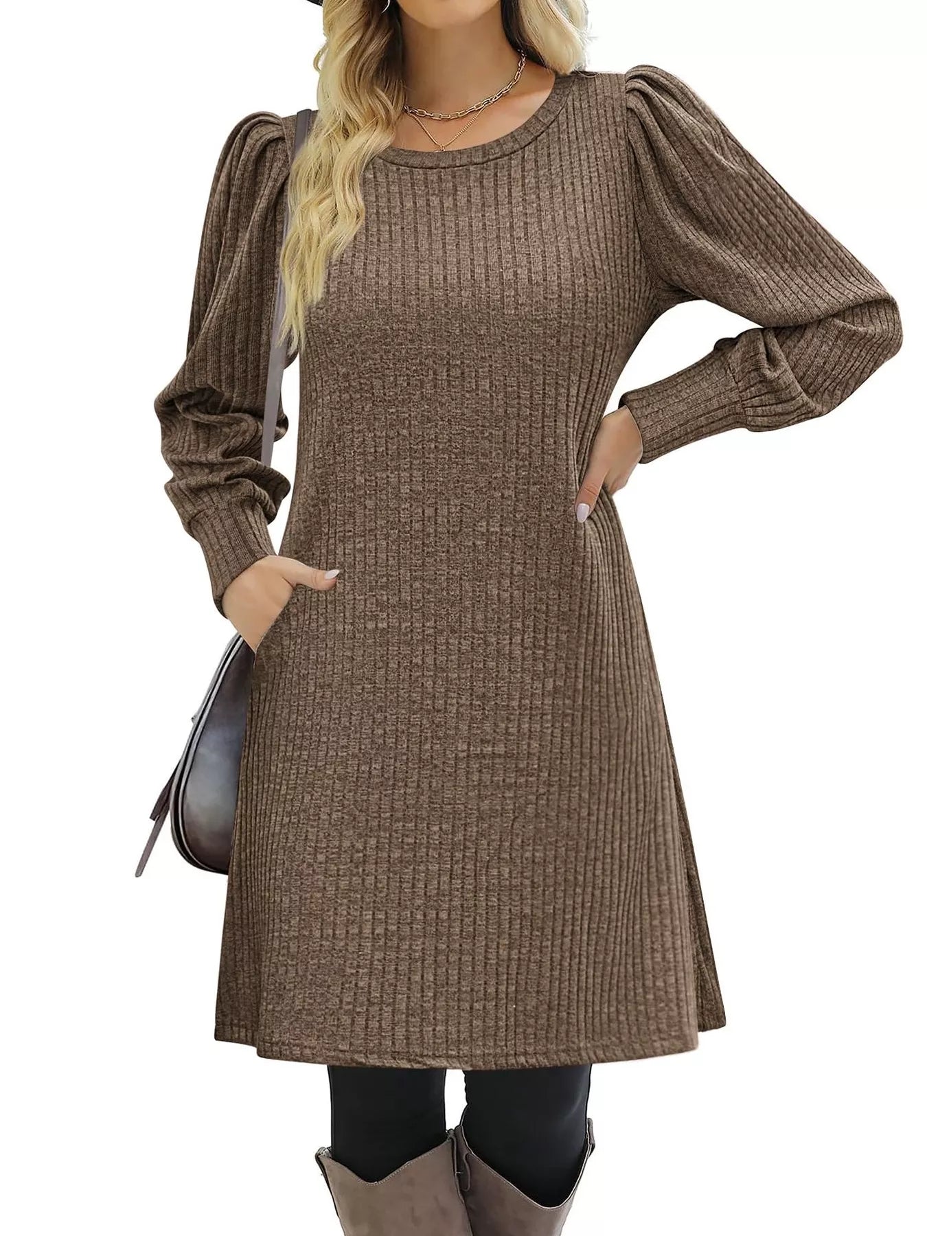 Sarah Express Women's Ribbed Knit Puff Sleeve Mini Dress