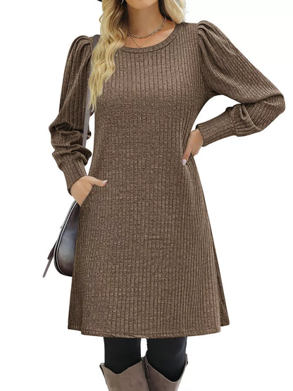 Sarah Express Women's Ribbed Knit Puff Sleeve Mini Dress