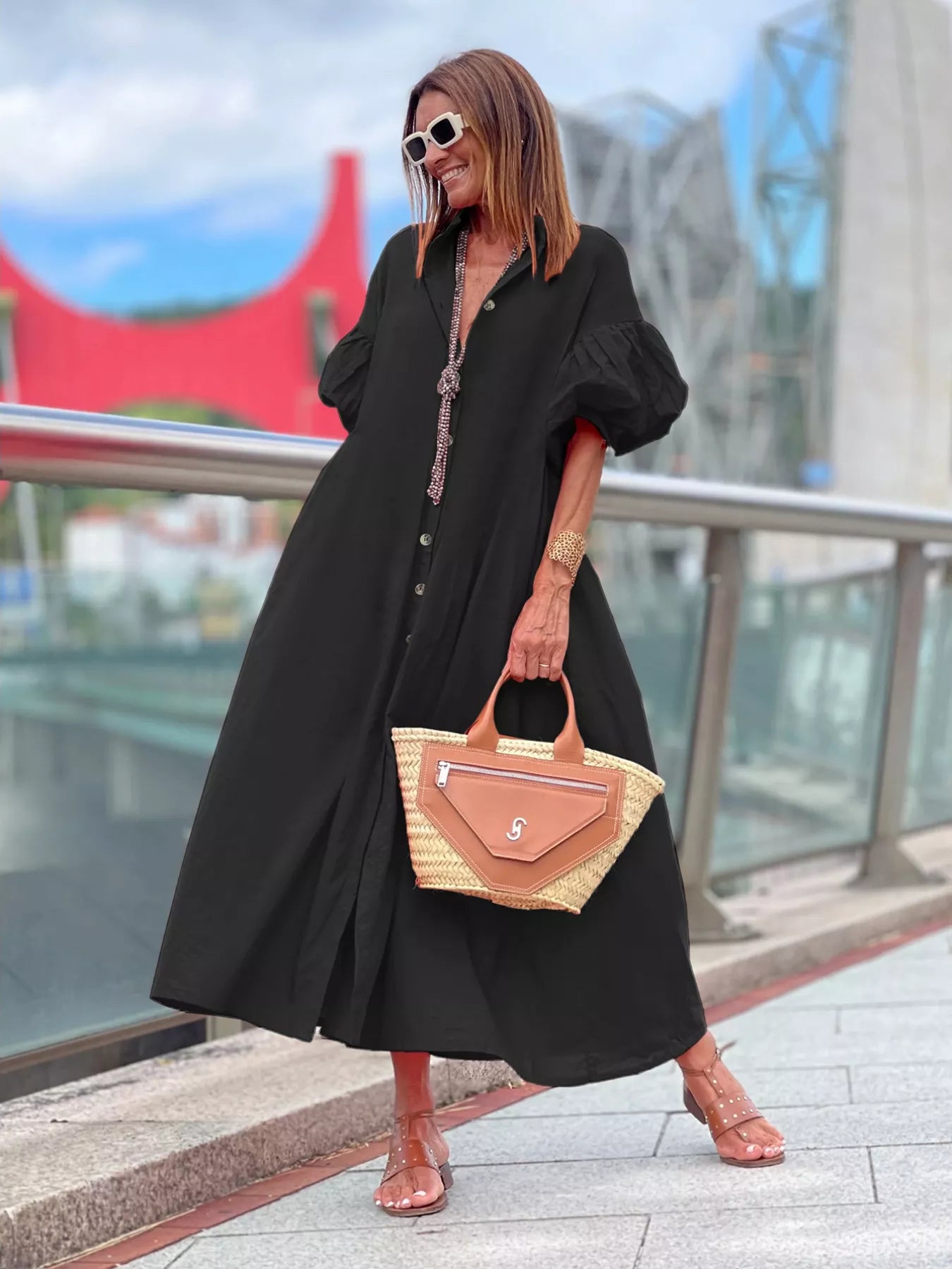 Sarah Express Women's Plus Size Button Front Puff Sleeve Shirt Dress