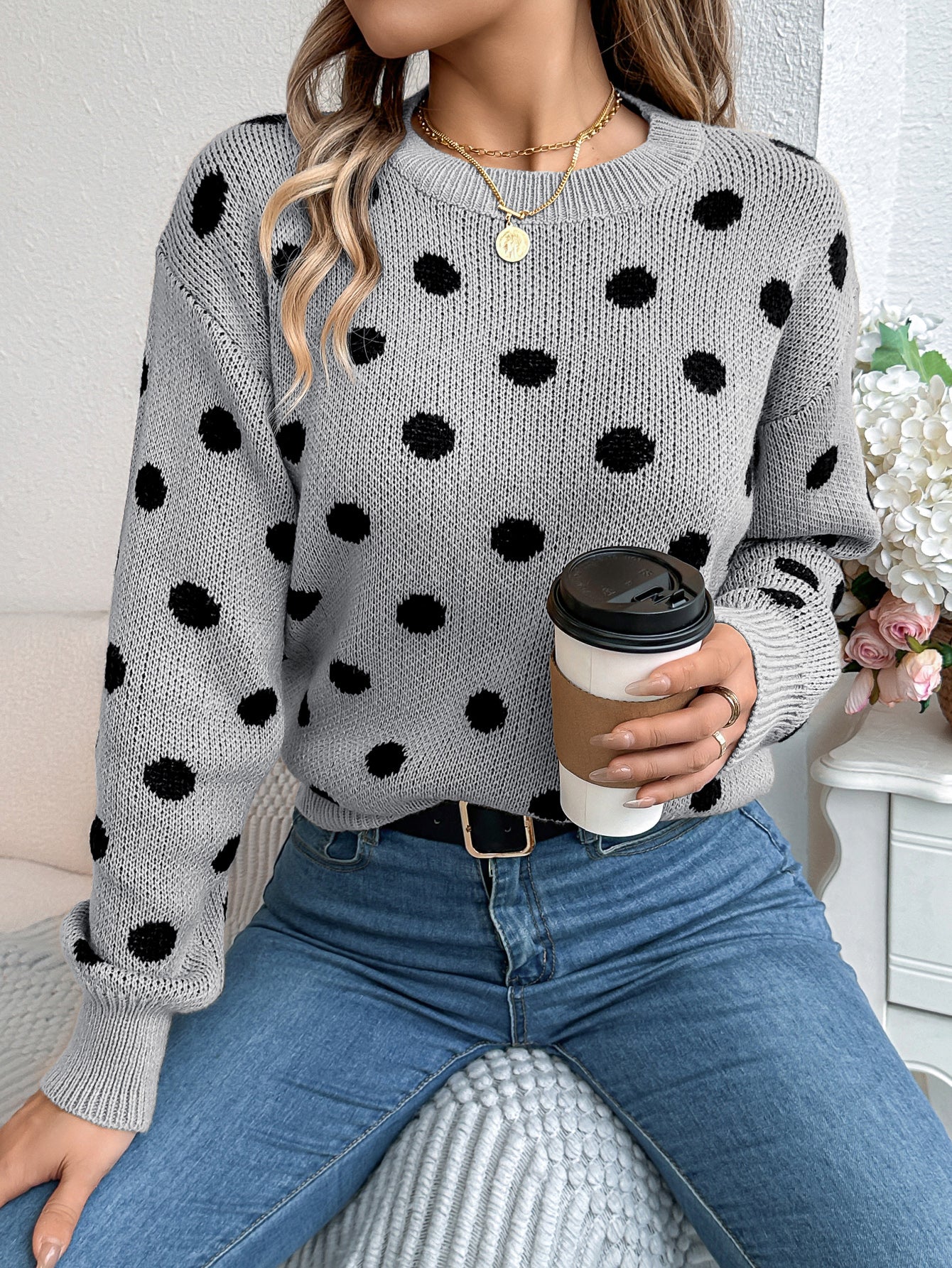 Sarah Express Women's Casual Color Block Polka Dot Pullover Sweater - Long Sleeve Knit Top