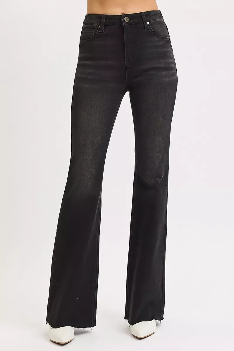 Sarah Express Women’s Plus Size High Rise Raw Hem Flare Jeans

