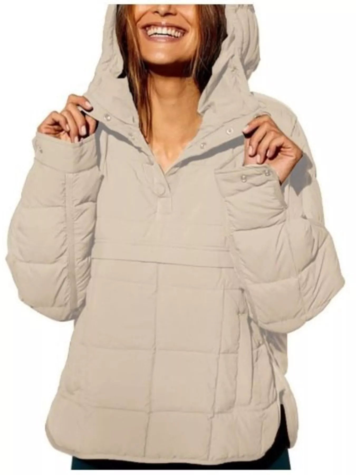 Sarah Express Women's Quarter Snap Hooded Puffer Jacket Beige