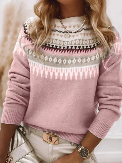 Sarah Express Women's Vintage Patterned Round Neck Sweater Plus Size Pink